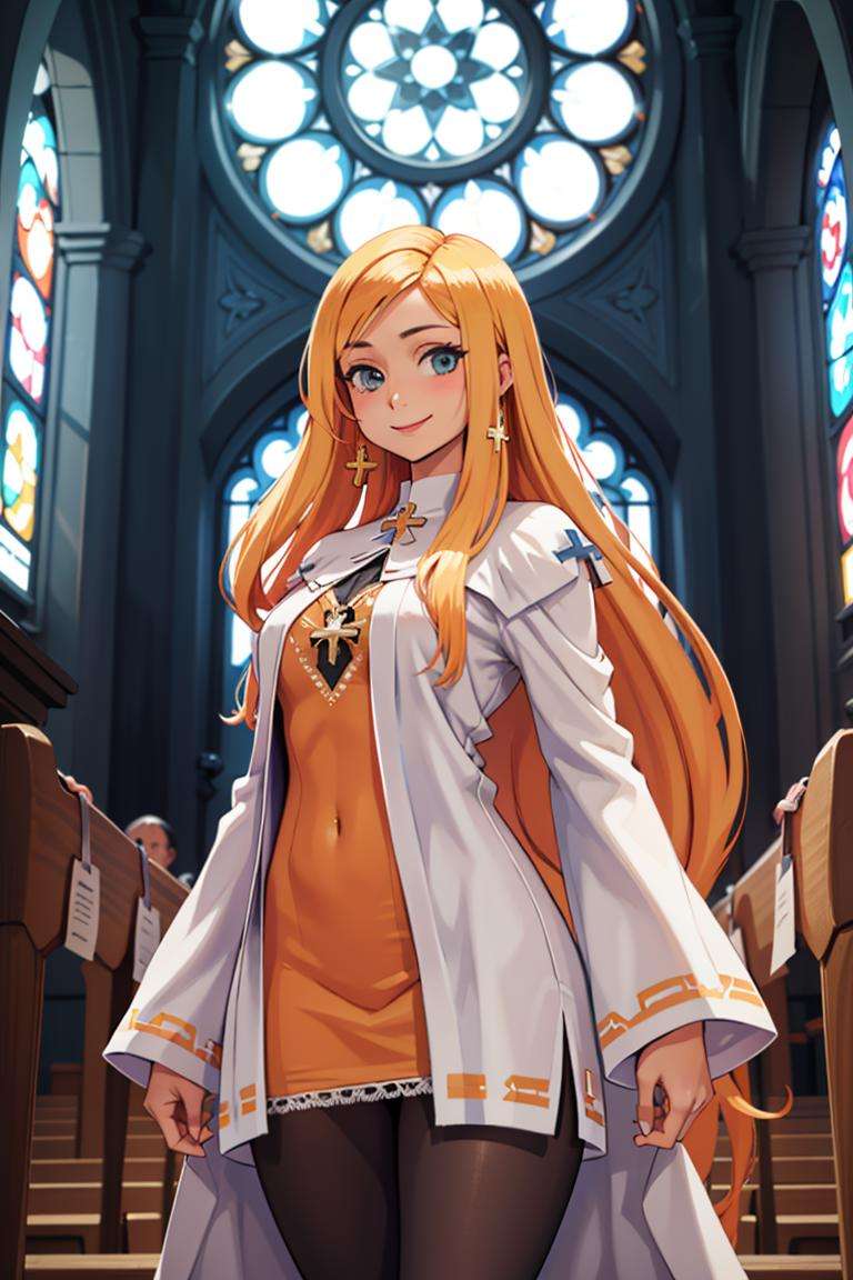 ((masterpiece,best quality)), absurdres,<lora:Alouette_La_Pucelle_Anime:0.8>, blonde, robe, very long hair, cross, pantyhose, solo, smiling, looking at viewer, cowboy shot, church background, cinematic composition, dynamic pose, 