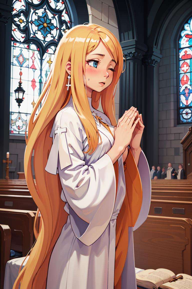((masterpiece,best quality)), absurdres,<lora:Alouette_La_Pucelle_Anime:0.8>, blonde, robe, very long hair, cross,  solo, eyes closed praying, blushing, upper body, church background, cinematic composition, dynamic pose,
