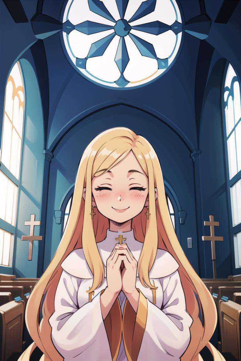 ((masterpiece,best quality)), absurdres,<lora:Alouette_La_Pucelle_Anime:0.8>, blonde, robe, very long hair, cross,  solo, eyes closed praying, smiling, blushing, upper body, church background, cinematic composition, dynamic pose,