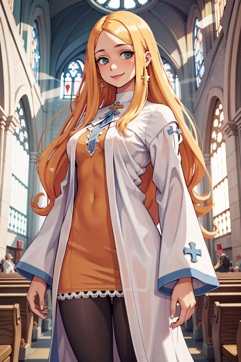 ((masterpiece,best quality)), absurdres,<lora:Alouette_La_Pucelle_Anime:0.8>, blonde, robe, very long hair, cross, pantyhose, solo, smiling, looking at viewer, cowboy shot, church background, cinematic composition, dynamic pose, 