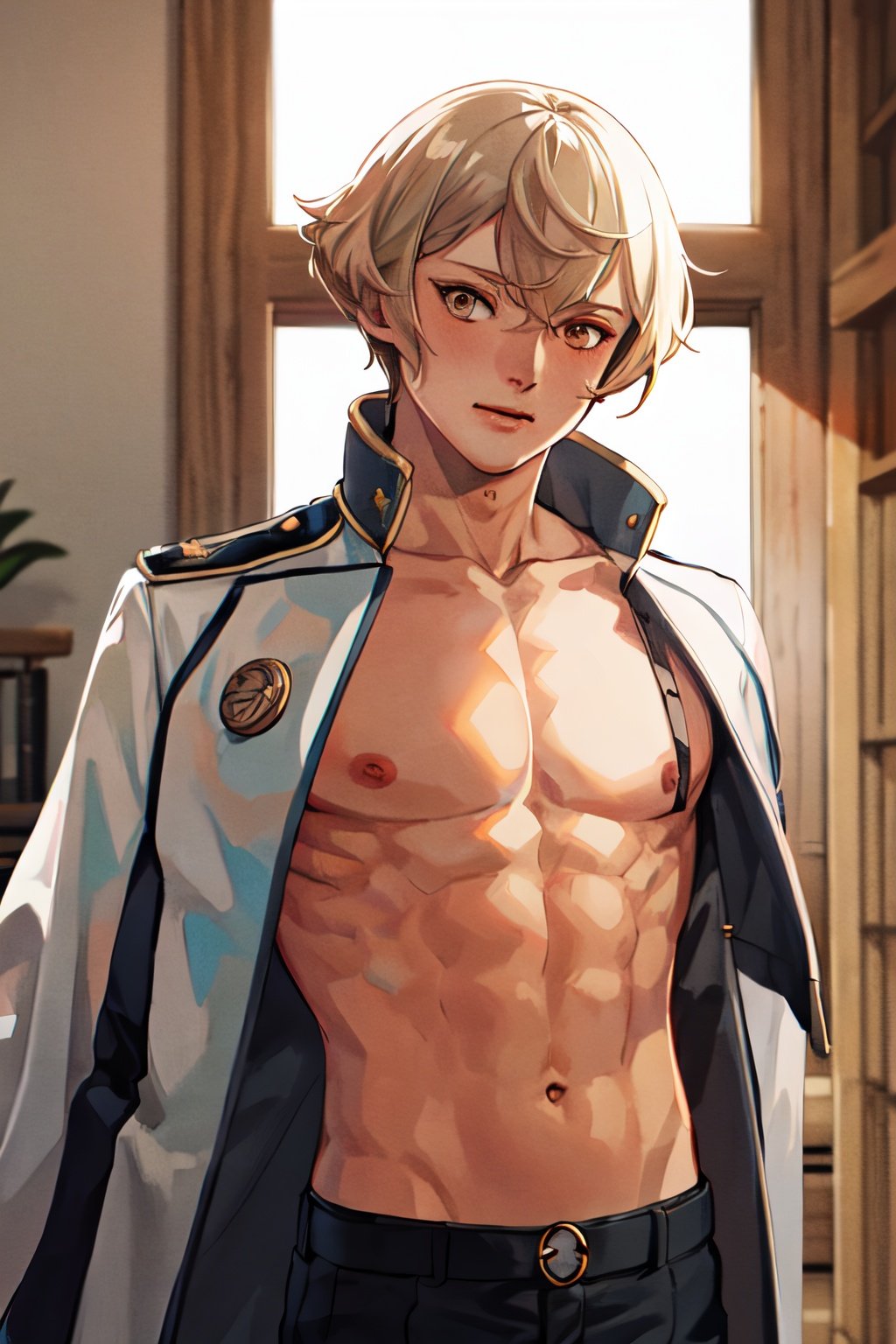 masterpiece, best quality, highres, 1boy, higekiri, jacket, bare chest