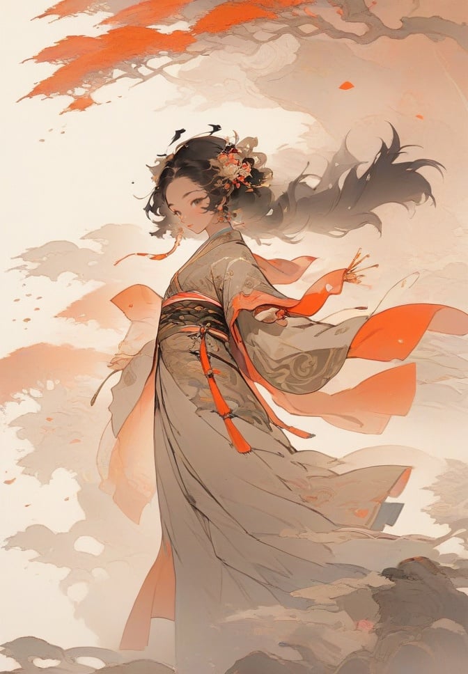 mythical clouds, 1girl, solo, hair ornament, flower, hair flower, black hair, hanfu, holding, standing, wide sleeves, waves, full body, long sleeves, from side, sash, short hair <lora:sdxl_mythicalclouds:0.8>