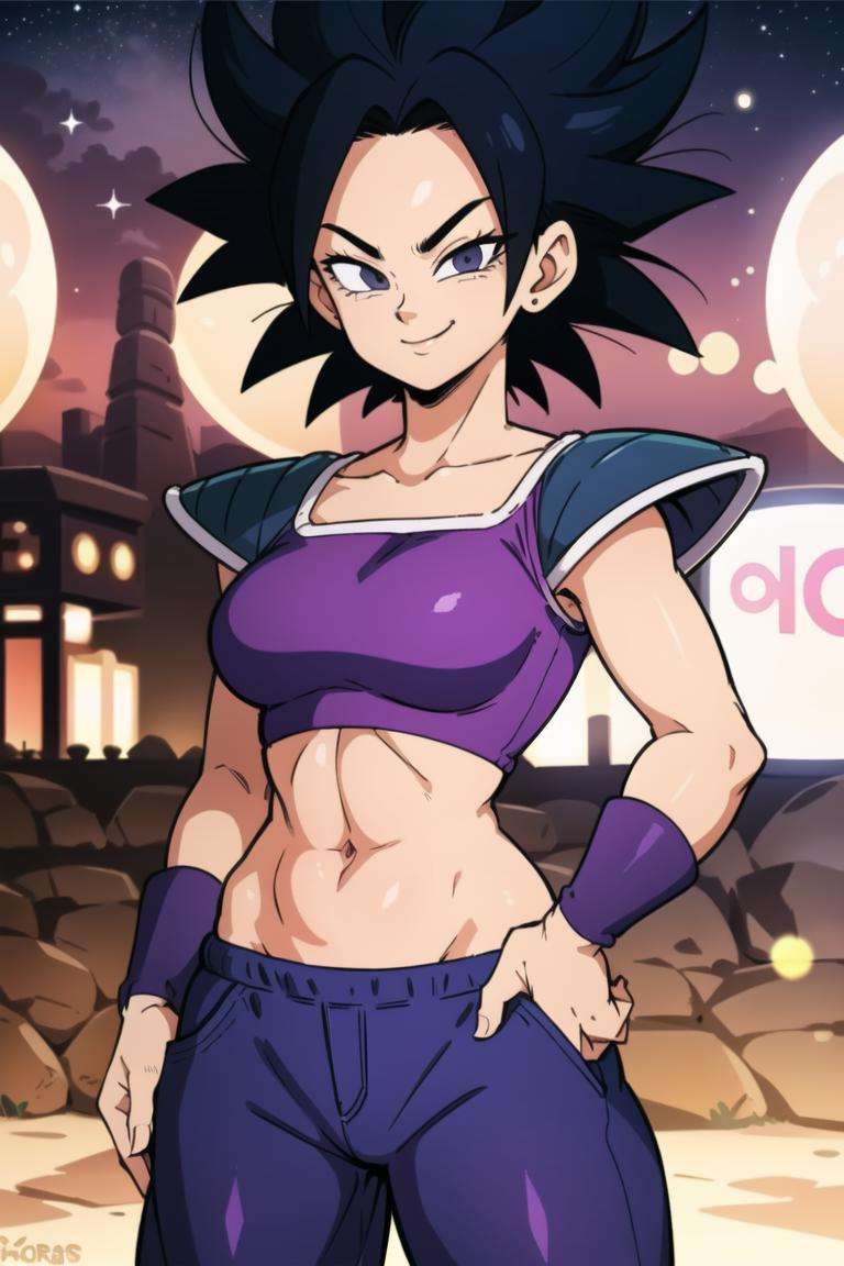 centered, award winning upper body portrait, cowboy shot, (looking at viewer:1.2), | solo, standing, smile, smug, Caulifla_DB,midriff, baggy purple pants,| space, stars, planet, | bokeh, depth of field, cinematic composition, |  dynamic pose, contrapposto, <lora:Caulifla_DB_Anime:0.6>,   <lora:Saiyan_Armor_DB:0.5>, Saiyan_Armor_DB,