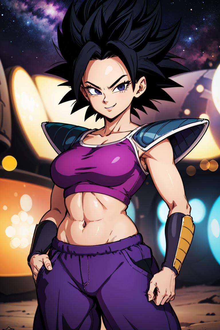 centered, award winning upper body portrait, cowboy shot, (looking at viewer:1.2), | solo, standing, smile, smug, Caulifla_DB,midriff, baggy purple pants,| space, stars, planet, | bokeh, depth of field, cinematic composition, |  dynamic pose, contrapposto, <lora:Caulifla_DB_Anime:0.6>,   <lora:Saiyan_Armor_DB:0.5>, Saiyan_Armor_DB,