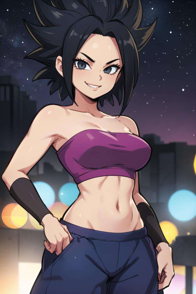 centered, award winning upper body portrait, cowboy shot, (looking at viewer:1.2), | solo, standing, smile, smug, Caulifla_DB,  bare shoulders, midriff, baggy pants, | space, stars, planet, | bokeh, depth of field, cinematic composition, |  dynamic pose, <lora:Caulifla_DB_Anime:0.6>