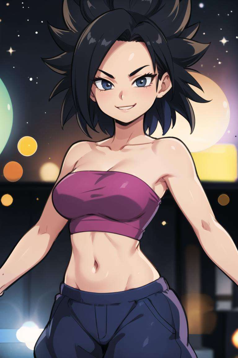 centered, award winning upper body portrait, cowboy shot, (looking at viewer:1.2), | solo, standing, smile, smug, Caulifla_DB,  bare shoulders, midriff, baggy pants, | space, stars, planet, | bokeh, depth of field, cinematic composition, |  dynamic pose, <lora:Caulifla_DB_Anime:0.6>