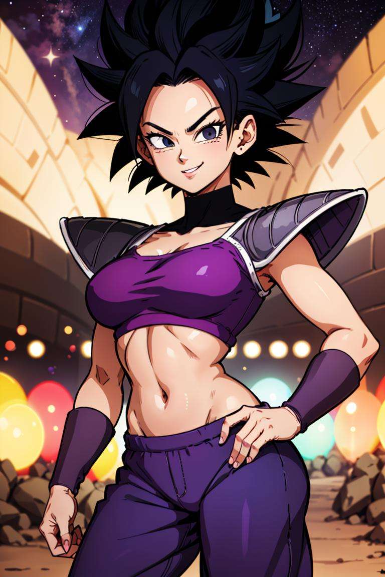 centered, award winning upper body portrait, cowboy shot, (looking at viewer:1.2), | solo, standing, smile, smug, Caulifla_DB,midriff, baggy purple pants,| space, stars, planet, | bokeh, depth of field, cinematic composition, |  dynamic pose, contrapposto, <lora:Caulifla_DB_Anime:0.6>,   <lora:Saiyan_Armor_DB:0.5>, Saiyan_Armor_DB,