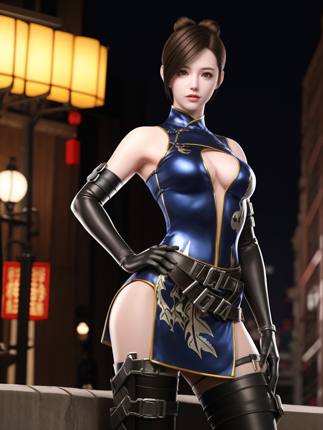 CFhudieBW, 1girl, solo, elbow gloves,breasts,brown hair,  boots, medium breasts, cleavage cutout, belt, holster,bare shoulders, black thighhighs, looking at viewer,short hair,china dress, <lora:CFhudieBW:0.75>,cowboy shot, hand on hip, cityscape, night, mature female, single hair bun,