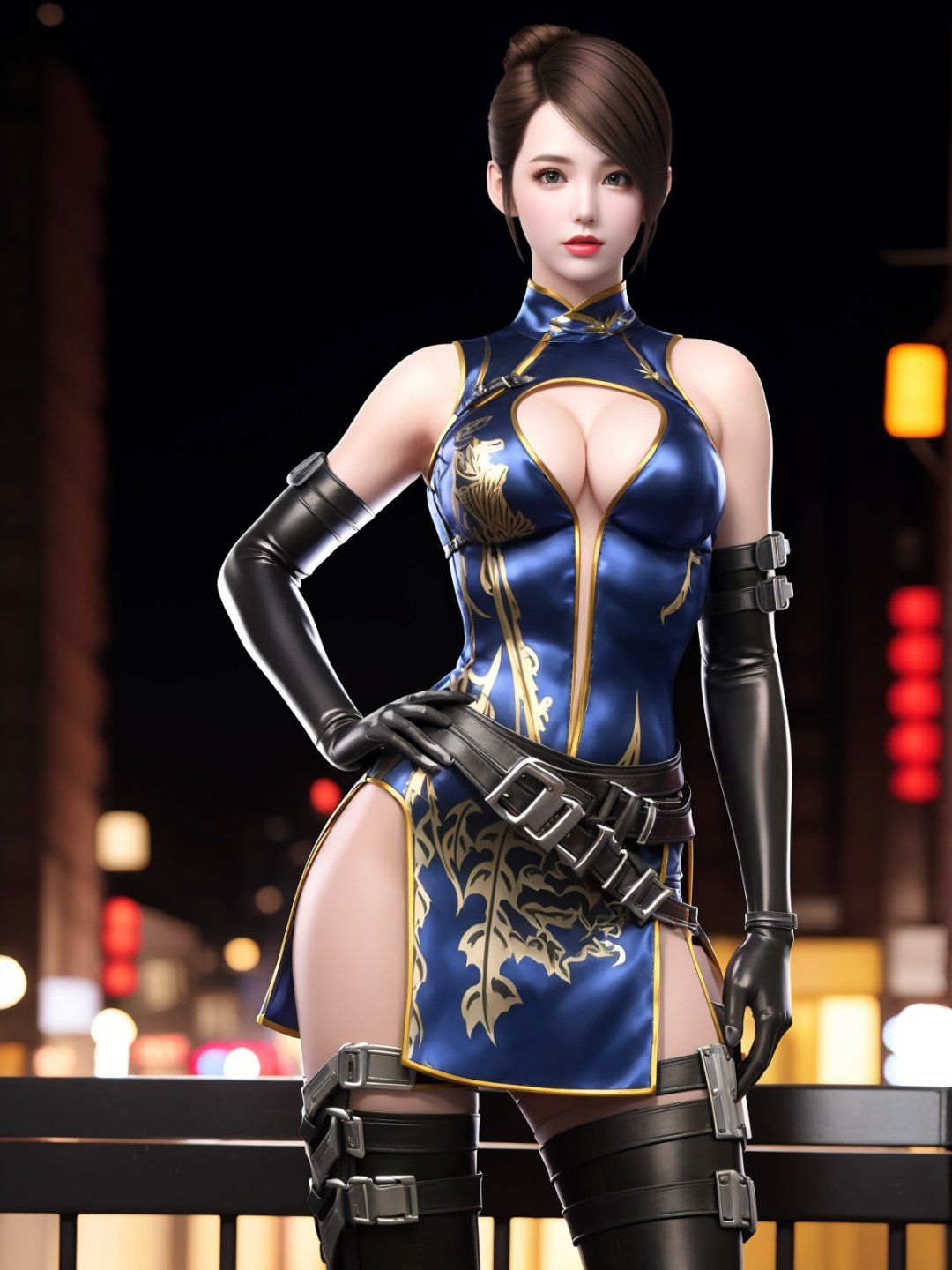 CFhudieBW, 1girl, solo, elbow gloves,breasts,brown hair,  boots, medium breasts, cleavage cutout, belt, holster,bare shoulders, black thighhighs, looking at viewer,short hair,china dress, <lora:CFhudieBW:0.75>,cowboy shot, hand on hip, cityscape, night, mature female, single hair bun,