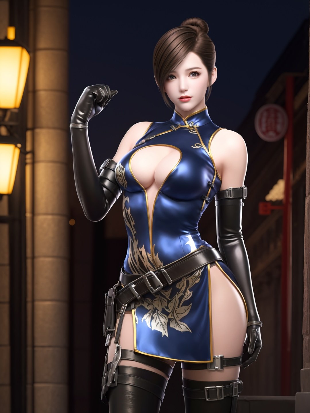 CFhudieBW, 1girl, solo, elbow gloves,breasts,brown hair,  boots, medium breasts, cleavage cutout, belt, holster,bare shoulders, black thighhighs, looking at viewer,short hair,china dress, <lora:CFhudieBW:0.75>,cowboy shot, hand on hip, cityscape, night, mature female, single hair bun,