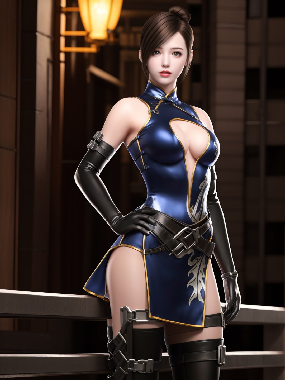 CFhudieBW, 1girl, solo, elbow gloves,breasts,brown hair,  boots, medium breasts, cleavage cutout, belt, holster,bare shoulders, black thighhighs, looking at viewer,short hair,china dress, <lora:CFhudieBW:0.75>,cowboy shot, hand on hip, cityscape, night, mature female, single hair bun,