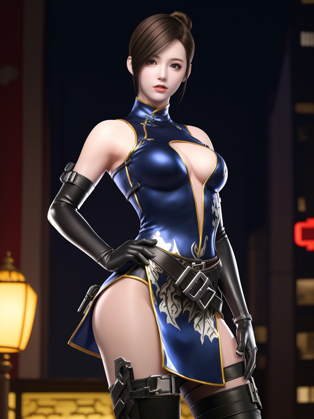 CFhudieBW, 1girl, solo, elbow gloves,breasts,brown hair,  boots, medium breasts, cleavage cutout, belt, holster,bare shoulders, black thighhighs, looking at viewer,short hair,china dress, <lora:CFhudieBW:0.75>,cowboy shot, hand on hip, cityscape, night, mature female, single hair bun,