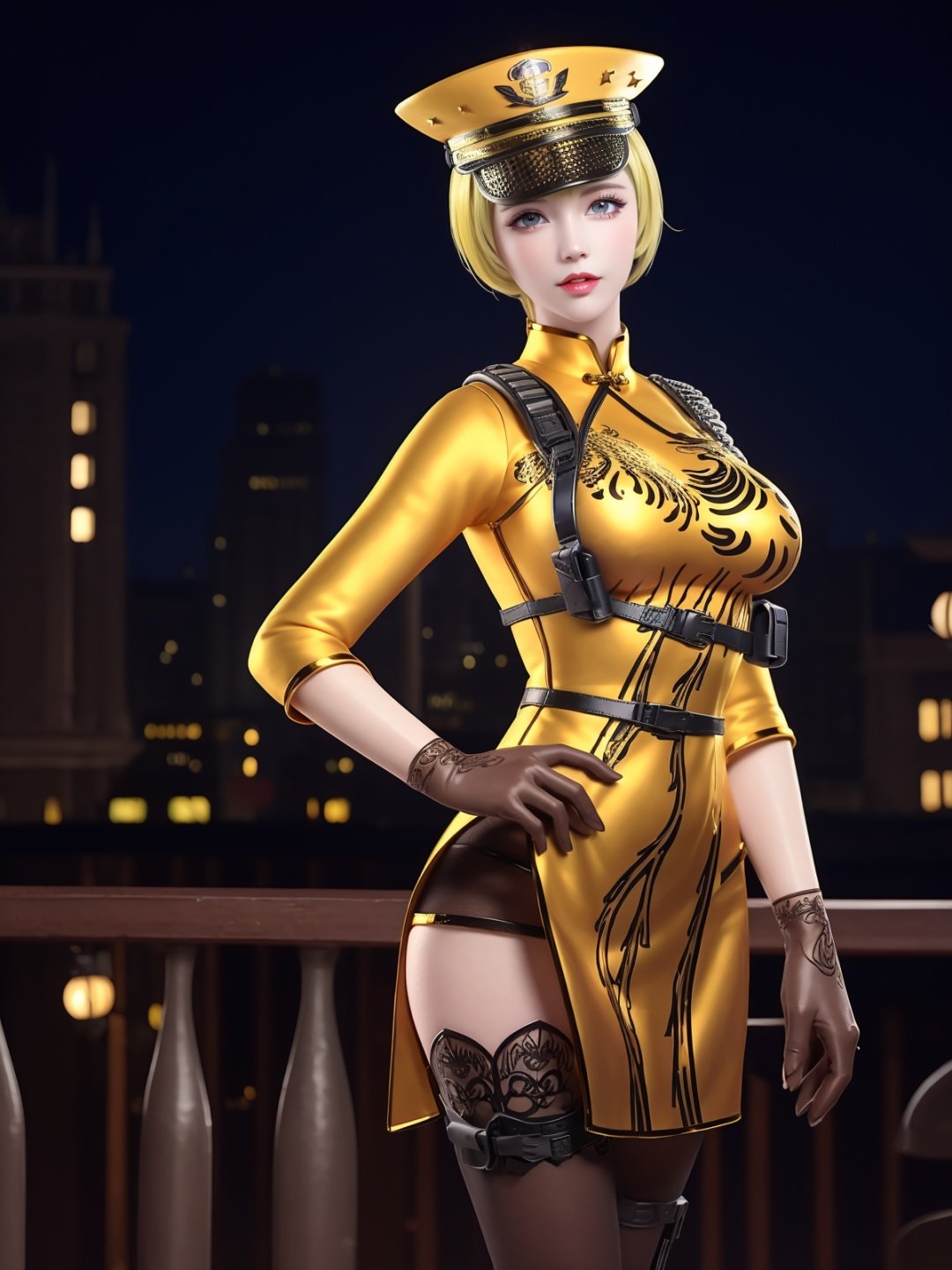 CFhudieLHWZ, 1girl, solo, blonde hair, short hair, gloves, blue eyes, see-through, looking at viewer, lips, peaked cap, black thighhighs, holster, china dress, <lora:CFhudieLHWZ:0.75>,mature female, cityscape, night, hand on hip, 