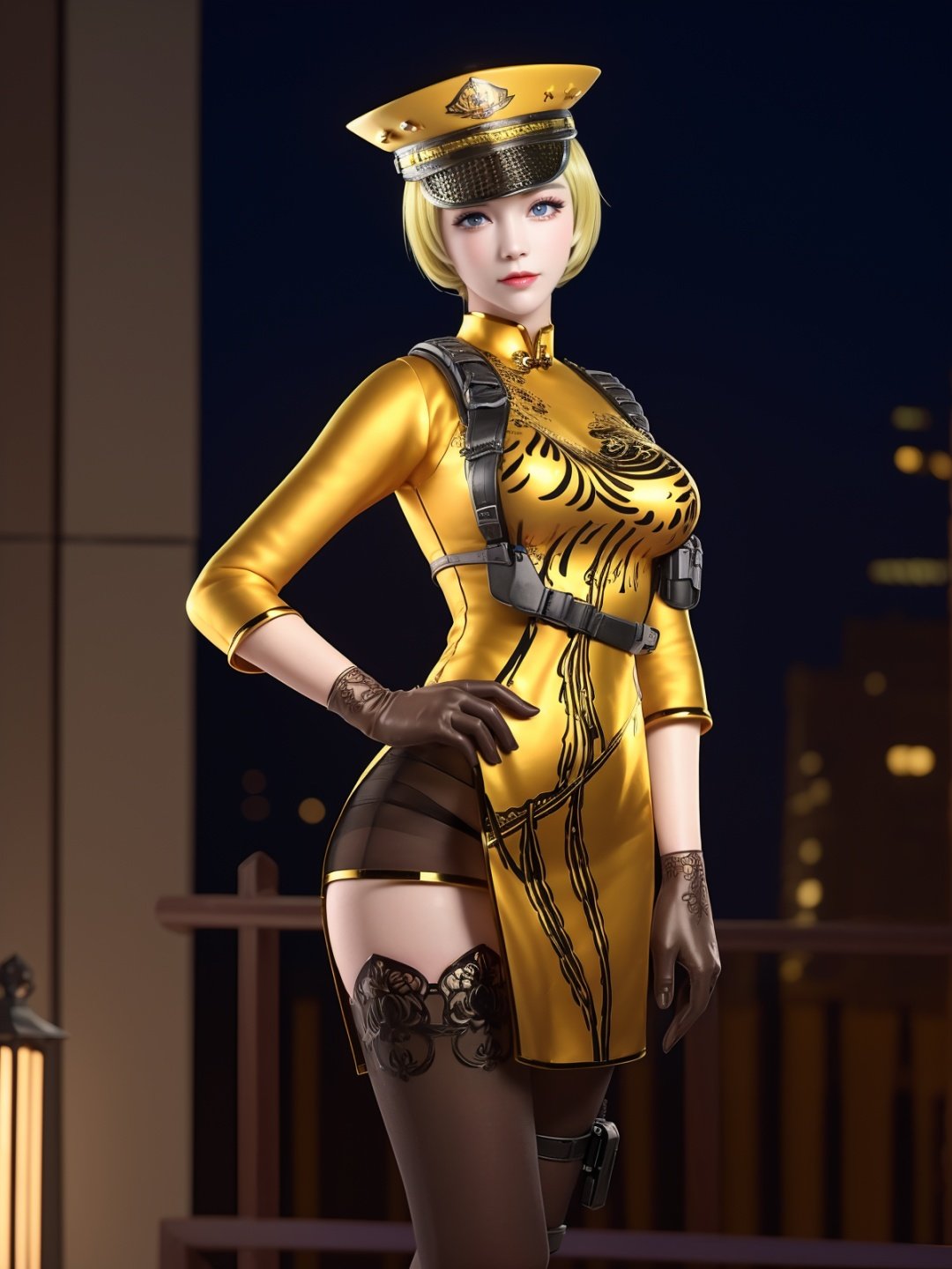 CFhudieLHWZ, 1girl, solo, blonde hair, short hair, gloves, blue eyes, see-through, looking at viewer, lips, peaked cap, black thighhighs, holster, china dress, <lora:CFhudieLHWZ:0.75>,mature female, cityscape, night, hand on hip, 