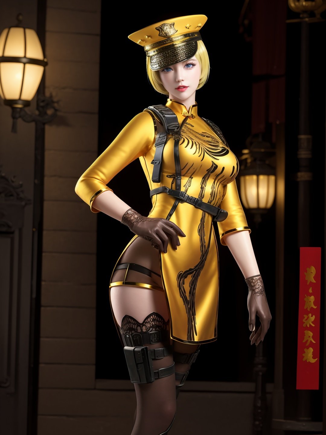 CFhudieLHWZ, 1girl, solo, blonde hair, short hair, gloves, blue eyes, see-through, looking at viewer, lips, peaked cap, black thighhighs, holster, china dress, <lora:CFhudieLHWZ:0.75>,mature female, cityscape, night, hand on hip, 