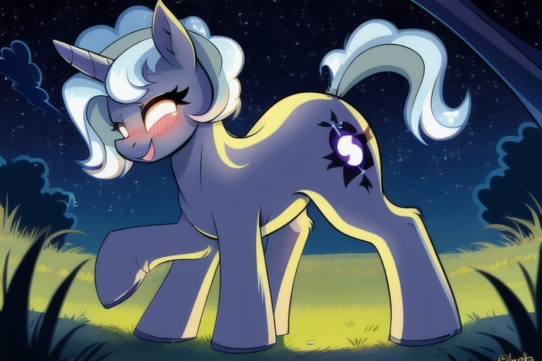  , feral pony, Derpibooru_p_95, (small:1.1) cute, tail, fur, hooves, (small body:1.2), (blush:1.1), open smile, safe, grey purple skin, long wavy light blue hair, glowing eyes,
from below, starry sky, night grass background, (vector:0.8) (detailed:0.6)