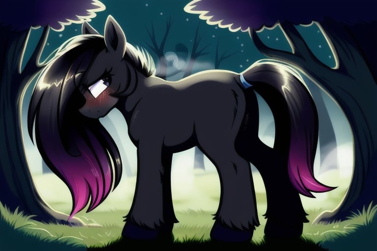 , feral pony, Derpibooru_p_95, (small:1.2), (cute:1.2), tail, fur, hooves, (small body:1.2), (blush:1.1), sad, safe, black skin, (fur:1.2), long black hair, earth pony, standing, grey purple eyes,
from below, dark dead forest background, (vector:0.8) (detailed:0.6), (night:1.1), (foggy:1.1),