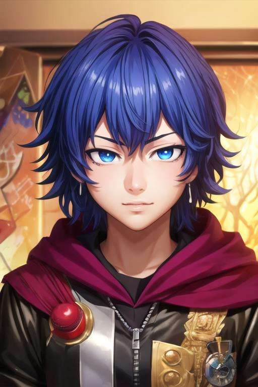 masterpiece, best quality, photorealistic, 1boy, solo, male focus, looking at viewer, upper body, , <lora:ayato_kirishima:0.74>, ayato_kirishima, blue hair, blue eyes, king costume, science fiction dystopian, 4k resolution