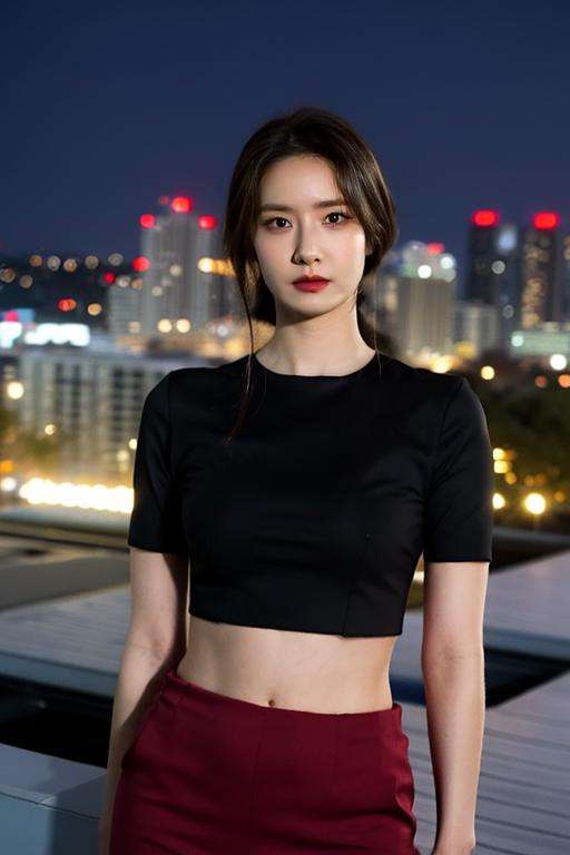 Fujifilm XT3, 8k,close up photo, masterpiece, best quality, (((1girl))), solo,realistic, ((looking at viewer)), photorealistic, (extremely detailed face), looking at viewer, ((ultra-detailed eyes and pupils)), ultra detailed, serious expression, cropped top,shirts, (standing against a city skyline at night), (rooftop), Suit skirt, ((navel)), arms behind back, <lora:yoonalorashy:1>