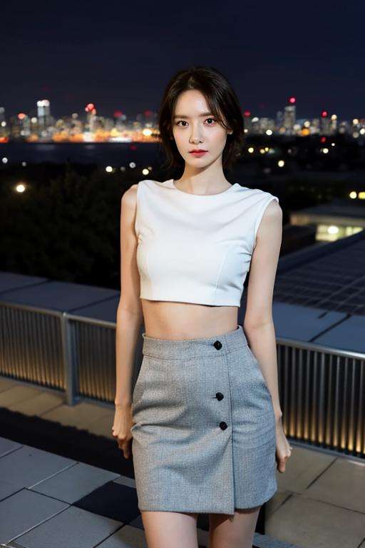 Fujifilm XT3, 8k,close up photo, masterpiece, best quality, (((1girl))), solo,realistic, ((looking at viewer)), photorealistic, (extremely detailed face), looking at viewer, ((ultra-detailed eyes and pupils)), ultra detailed, serious expression, cropped top,shirts, (standing against a city skyline at night), (rooftop), Suit skirt, ((navel)), arms behind back, <lora:yoonalorashy:1>