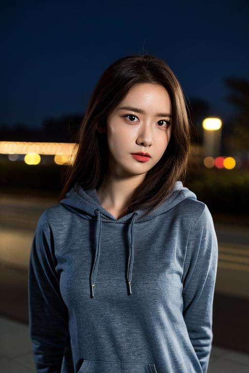 ujifilm XT3, 8k,close up photo, masterpiece, best quality, (((1girl))), solo,realistic, ((looking at viewer)), photorealistic, (extremely detailed face), looking at viewer, ((ultra-detailed eyes and pupils)), ultra detailed, serious expression, ((standing city street at night)), hoodie, long sleeves, (arms behind back), <lora:yoonalorashy:1>