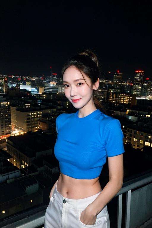 Fujifilm XT3, 8k,close up photo, masterpiece, best quality, (((1girl))), solo,realistic, ((looking at viewer)), photorealistic, (extremely detailed face), looking at viewer, ((ultra-detailed eyes and pupils)), ultra detailed, serious expression, cropped top,shirts, ((standing against a city skyline at night)), (rooftop), crop top, ((navel)), arms behind back, high ponytail, smile,<lora:jessicalorashy:1>