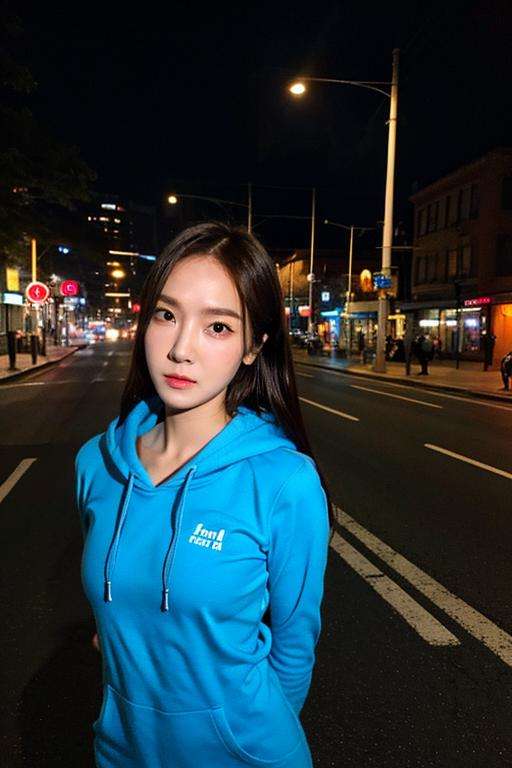 Fujifilm XT3, 8k,close up photo, masterpiece, best quality, (((1girl))), solo,realistic, ((looking at viewer)), photorealistic, (extremely detailed face), looking at viewer, ((ultra-detailed eyes and pupils)), ultra detailed, serious expression, ((standing city street at night)), hoodie, long sleeves, (arms behind back), <lora:jessicalorashy:1>