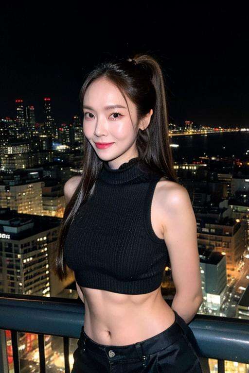 Fujifilm XT3, 8k,close up photo, masterpiece, best quality, (((1girl))), solo,realistic, ((looking at viewer)), photorealistic, (extremely detailed face), looking at viewer, ((ultra-detailed eyes and pupils)), ultra detailed, serious expression, cropped top,shirts, ((standing against a city skyline at night)), (rooftop), crop top, ((navel)), arms behind back, high ponytail, smile,<lora:jessicalorashy:1>