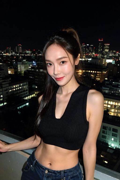 Fujifilm XT3, 8k,close up photo, masterpiece, best quality, (((1girl))), solo,realistic, ((looking at viewer)), photorealistic, (extremely detailed face), looking at viewer, ((ultra-detailed eyes and pupils)), ultra detailed, serious expression, cropped top,shirts, ((standing against a city skyline at night)), (rooftop), crop top, ((navel)), arms behind back, high ponytail, smile,<lora:jessicalorashy:1>