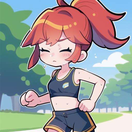 masterpiece, best quality, marikyuun, 1girl, tanned skin, red hair, ponytail, tired, sweating, sweat drops, closed eyes, unhappy, black sport bra, black short shorts, running, outdoor, park, trees, <lora:marikyuun-20:0.8> 