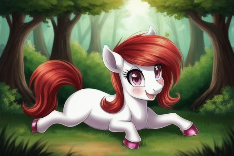 feral pony, cute, happy, red hair, white pony body pink eyes, Forest,