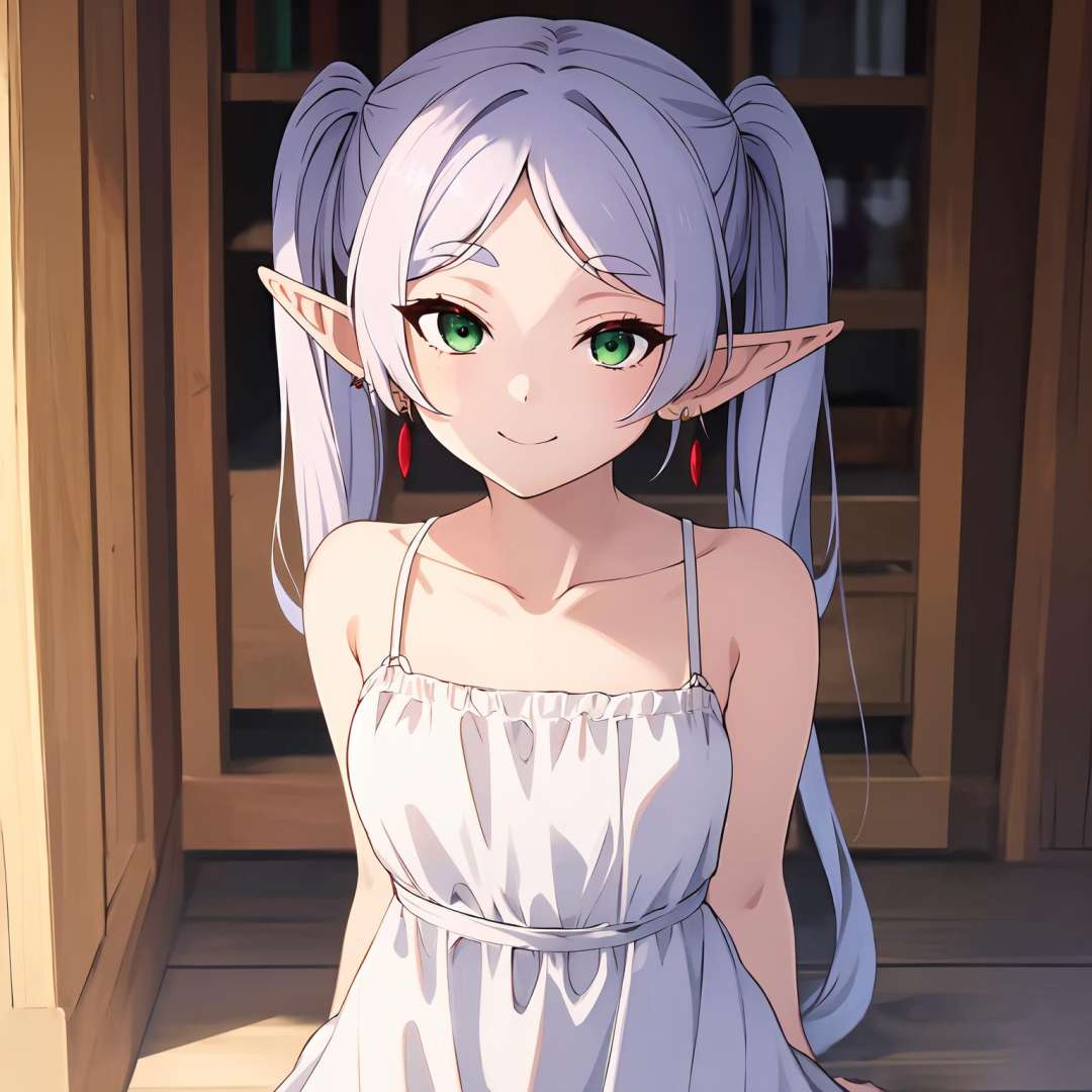 ((masterpiece)), (best quality), highres, ultra-detailed,1girl, earrings, elf, long hair, pointy ears, solo, twintails, green eyes, earrings, white hair, looking at viewer,  bare shoulders, collarbone, dress, white dress, sleeveless dress,  <lora:Frieren:0.8>, smile