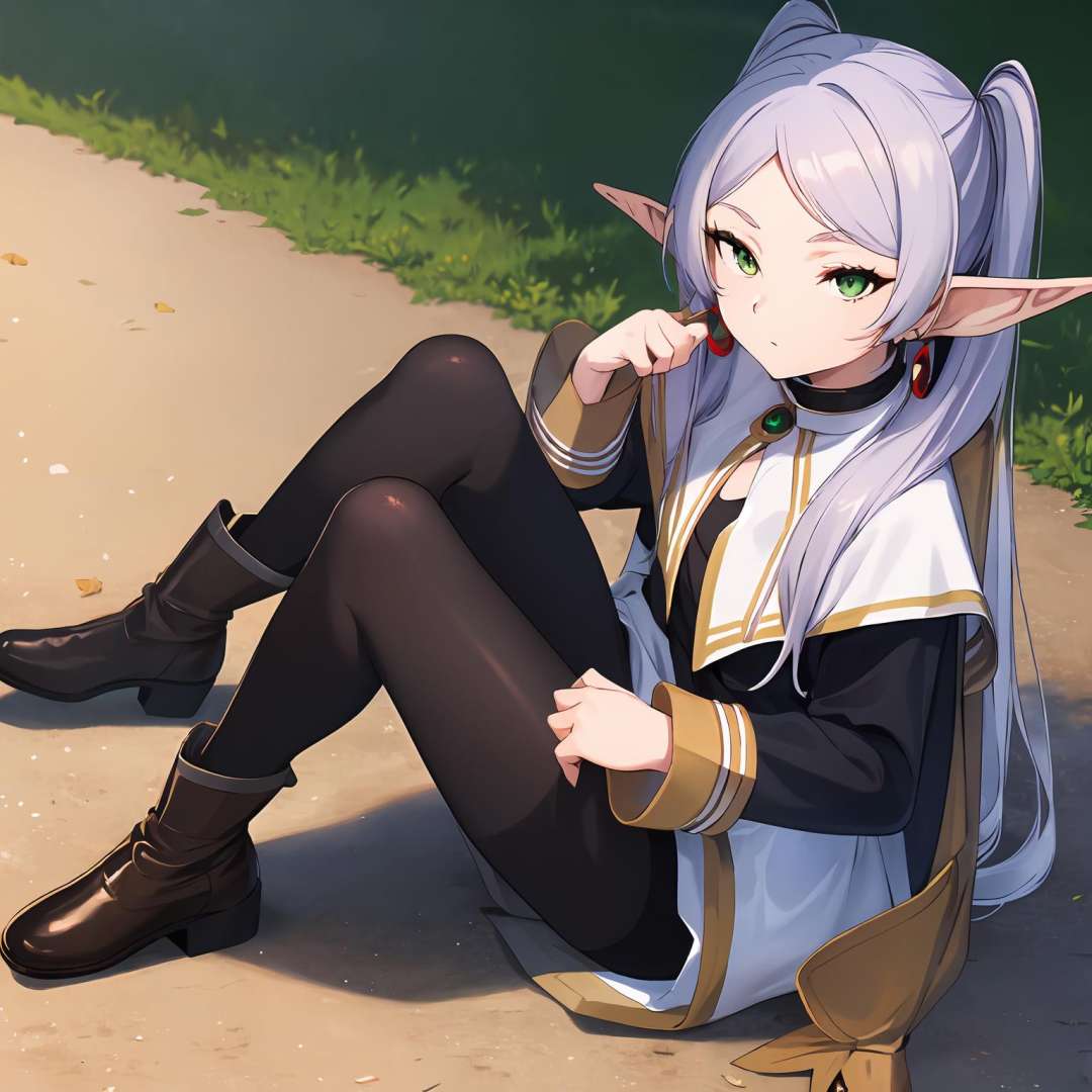 ((masterpiece)), (best quality), highres, ultra-detailed,1girl, earrings, elf, long hair, long sleeves, pointy ears, solo, twintails, green eyes, earrings, white hair, looking at viewer,white capelet, boots, brown footwear, black pantyhose, sitting<lora:Frieren:0.9>