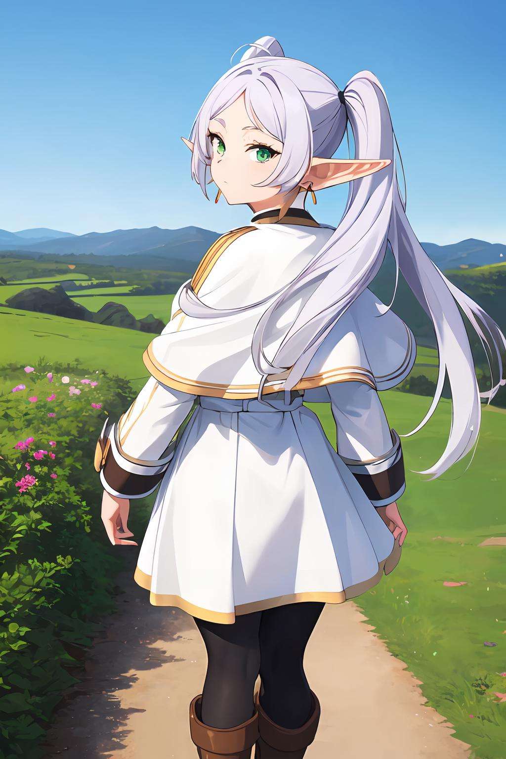 ((masterpiece)), (best quality), highres, ultra-detailed,frieren, 1girl, earrings, elf, long hair, pointy ears, solo, twintails:1.2, green eyes, earrings, white hair, looking at viewer, white capelet, white sleeves, long sleeves,  boots, brown footwear, black pantyhose, looking at viewer, from behind<lora:Frieren:0.8>