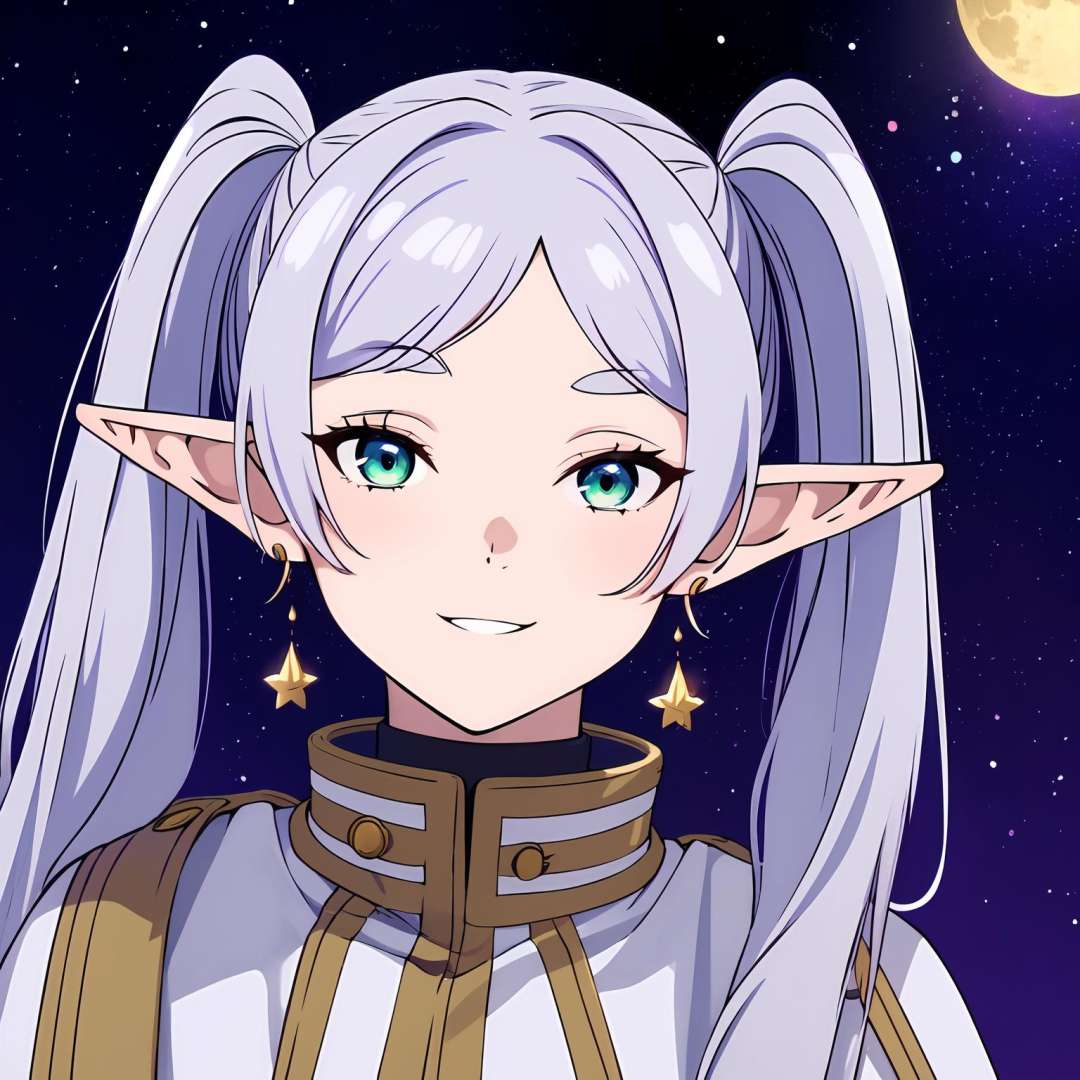 ((masterpiece)), (best quality), highres, ultra-detailed,frieren, 1girl, aurora, bangs, city lights, constellation, crescent moon, desert, earrings, earth \(planet\), elf, fireflies, fireworks, full moon, galaxy, grey eyes, hoop earrings, jewelry, light particles, long hair, milky way, moon, moonlight, night, night sky, parted bangs, planet, pointy ears, robin \(fire emblem\), shooting star, sky, snow, snowing, solo, space, space craft, star \(sky\), starry background, starry sky, starry sky print, tanabata, tanzaku, twilight, twintails, upper body,  white capelet, smile, green eyes, <lora:Frieren:0.8>