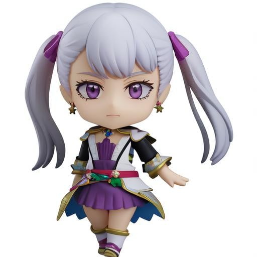 ((masterpiece)), (best quality), highres, ultra-detailed,nendroid, chibi, solo, simple background, white background, full body, noelle_silva, long hair, twintails, bangs, earring, jewelry, silver hair, purple eyes, mage dress, <lora:Nendroid:0.8>,  <lora:Noelle_Silva:0.8>