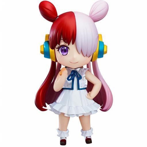 ((masterpiece)), (best quality), highres, ultra-detailed,nendroid, chibi, solo, simple background,  white background, full body, standing, hands,one piece, uta, 1girl, animal ears, bare arms, center frills, dress, frills, gradient, hair over one eye,  head wings, headphones, long hair, multicolored hair, neck ribbon, purple eyes, red hair, ribbon, sleeveless, smile, solo, white hair,<lora:Uta:0.8>,  <lora:Nendroid:0.7>