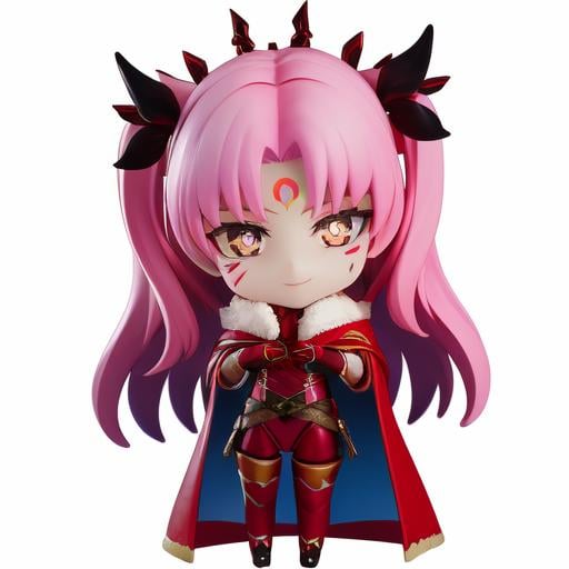 ((masterpiece)), (best quality), highres, ultra-detailed,chibi, 3d, nendroid, white background, an anime drawing of a woman in a red costume and long, purple hair, 1girl, red cloak, long hair, fur-trimmed cloak, pink hair, cloak, horns, solo, two-tone hair, blue hair, crescent, crescent facial mark, ishtar (fate), multicolored hair, facial mark, forehead mark, two side up, symbol-shaped pupils, star-shaped pupils  <lora:spaceishtar:0.4>,  <lora:Nendroid:1>