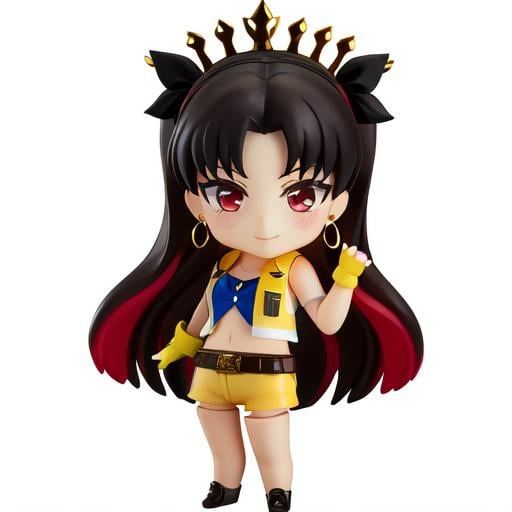 ((masterpiece)), (best quality), highres, ultra-detailed,chibi, 3d, nendroid, white background, a woman with long hair wearing tight short ha outfit and leggings, 1girl, ishtar (fate), long hair, black hair, yellow shorts, red eyes, solo, shorts, red hair, gloves, yellow vest, earrings, jewelry, multicolored hair, two-tone hair, two side up, ass, breasts, looking at viewer:1.2, fingerless gloves, hoop earrings, short shorts, blush, belt, vest, bangs, room background, yellow gloves, cropped vest, front  <lora:spaceishtar:0.4>,  <lora:Nendroid:1>