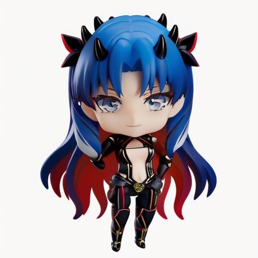 ((masterpiece)), (best quality), highres, ultra-detailed,chibi, 3d, nendroid, a anime girl with blue hair 1girl, solo, horns, bodysuit, multicolored hair, long hair, ishtar (fate), two-tone hair, black bodysuit, blue hair, red hair, breasts, grey eyes, cleavage cutout, looking at viewer,  <lora:spaceishtar:0.7>,  <lora:Nendroid:1>