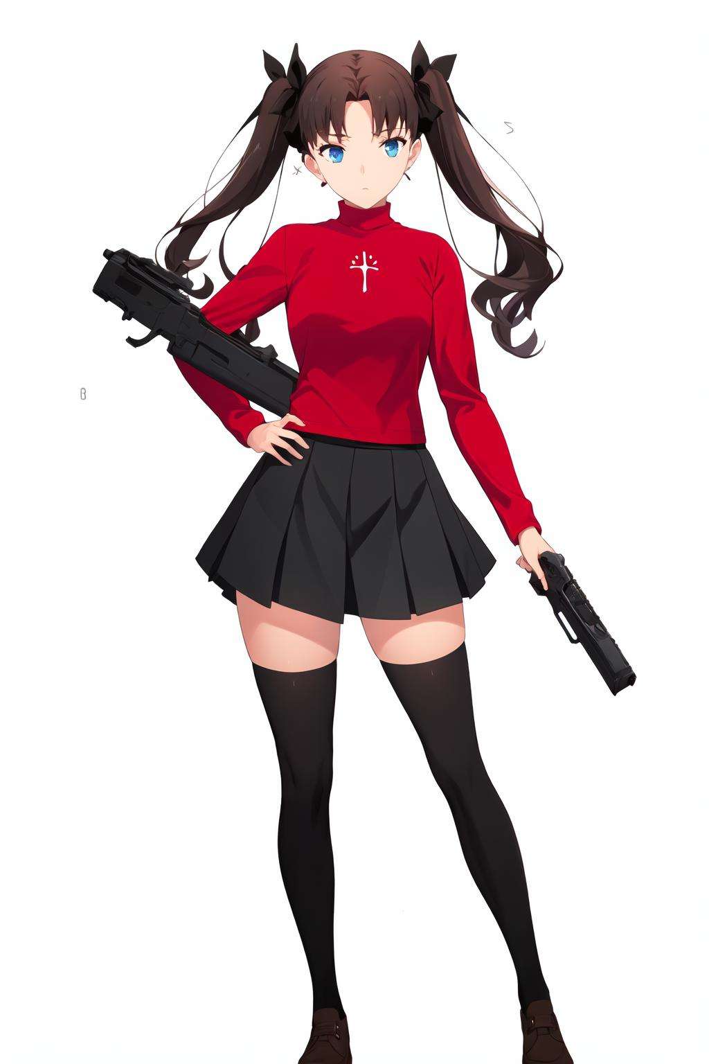 ((masterpiece)), (best quality), highres, ultra-detailed,nikke, 1girl, simple background, solo, white background,  weapon, holding weapon,  gun, holding gun, <lora:Nikke:0.9>,nikke_type1, full body, standing,tohsaka rin, long hair, two side up, blue eyes, brown hair, hair ribbon, red turtleneck, long sleeves, pleated skirt, black skirt, black thighhighs, twintails, <lora:chara_FateStayNightUBW_TohsakaRin_v1:0.8>