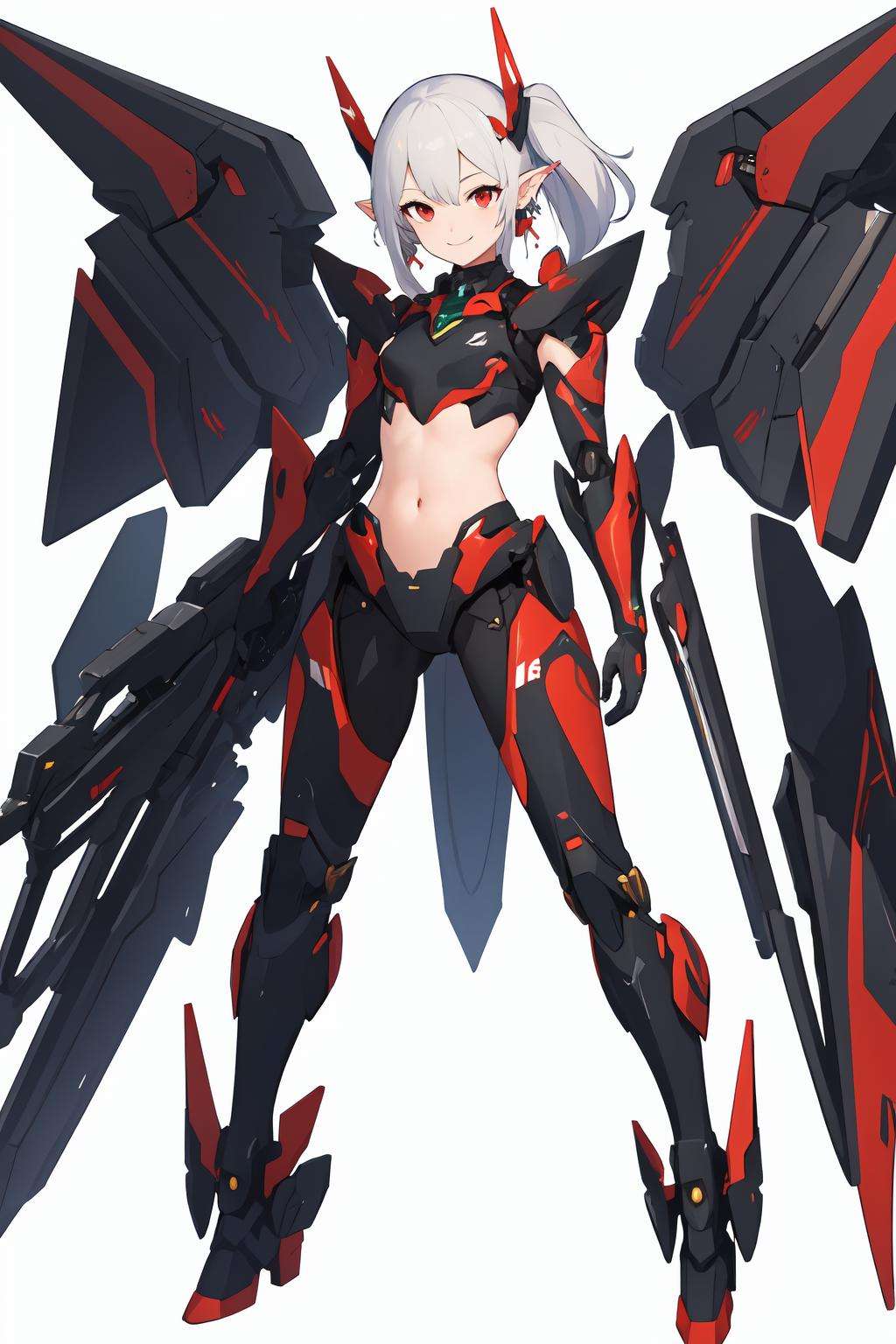 ((masterpiece)), (best quality), highres, ultra-detailed,nikke_type1, nikke, 1girl, covered navel, earrings, full body, jewelry, looking at viewer, mecha musume, pointy ears, red eyes, simple background, smile, solo, standing, white background