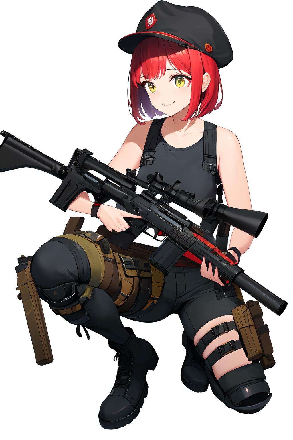 ((masterpiece)), (best quality), highres, ultra-detailed,nikke_type3, nikke, 1girl, ak-47, ar-15, assault rifle, red hair, boots, bullpup, finger on trigger, full body, gloves, grenade launcher, gun, h&k hk416, h&k ump, handgun, hat, heckler & koch, holding, holding gun, holding weapon, holster, holstered weapon, kalashnikov rifle, knee pads, m16, m4 carbine, machine gun, magazine \(weapon\), p90, pants, pistol, rifle, scope, shirt, short hair, shotgun, sig sauer, simple background, sniper rifle, solo, squatting, submachine gun, suppressor, tank top, thigh holster, thigh pouch, trigger discipline, weapon, white background, smile,  <lora:Nikke:0.9>