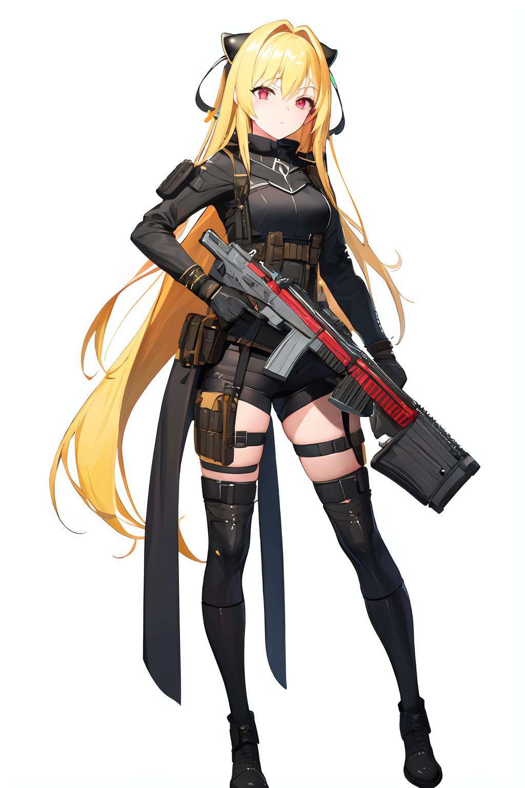 ((masterpiece)), (best quality), highres, ultra-detailed,nikke, 1girl, simple background, solo, white background,  weapon, holding weapon,  gun, holding gun, <lora:Nikke:0.7>,nikke_type1, full body, standing,yamisch, yaminor, phyami, 1girl, long hair, solo, hair ornament, two side up, blonde hair, red eyes, hair ornament,  <lora:yami-v1:0.8>