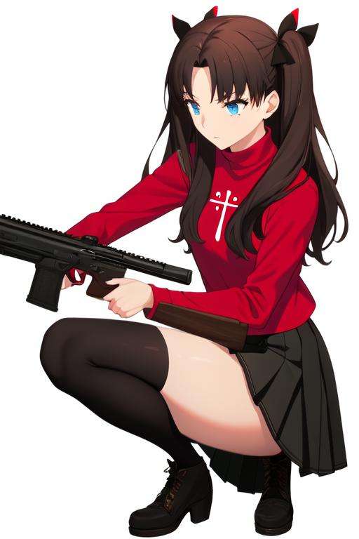 ((masterpiece)), (best quality), highres, ultra-detailed,nikke, 1girl, simple background, solo, white background,  weapon, holding weapon,  gun, holding gun, <lora:Nikke:0.9>,nikke_type3, full body, squatting, thighs,tohsaka rin, long hair, two side up, blue eyes, brown hair, hair ribbon, red turtleneck, long sleeves, pleated skirt, black skirt, black thighhighs, twintails, <lora:chara_FateStayNightUBW_TohsakaRin_v1:0.8>