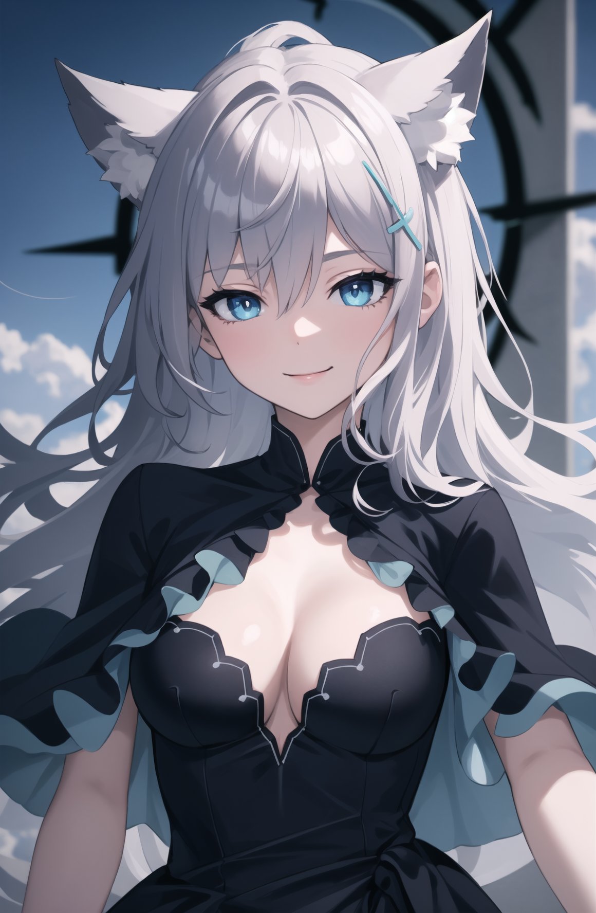 (Best Quality, 8K, ultra-detailed, Masterpiece: 1.3),  1girl, solo, looking at viewer, smile, very long hair, blue eyes, hair between eyes, closed mouth, white hair, streaked hair, smile, shiroko(terror), animal ear fluff, animal ears, shirokoterror, dress