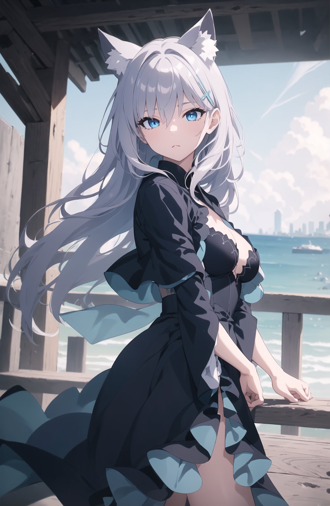 (Best Quality, 8K, ultra-detailed, Masterpiece: 1.3),  1girl, solo, looking at viewer, very long hair, blue eyes, hair between eyes, closed mouth, white hair, streaked hair, shiroko(terror), animal ear fluff, animal ears, shirokoterror, dress, full body,YAMATO