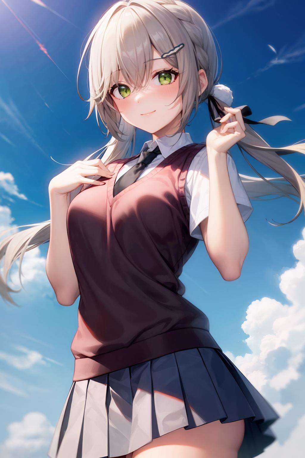 masterpiece, best quality, <lora:qingque-mver:1>, 1girl, solo, green eyes, necktie, skirt, shirt, white shirt, hair ornament, sweater vest, looking at viewer, black necktie, black skirt,smile, long hair, grey hair, closed mouth, bangs, collared shirt, twintails, pleated skirt, school uniform, blush, breasts, braid, hands up, hairclip, hair between eyes, vest, medium breasts, brown vest