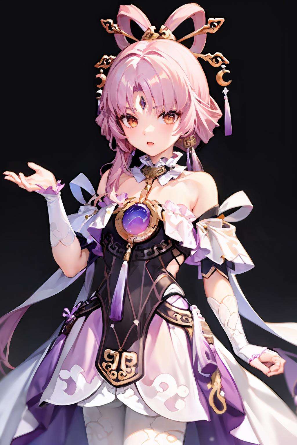 masterpiece, best quality, <lora:fuxuan-mver:1>, 1girl,fuxuan,purple hair, long hair,twintails,hair rings,hair ornament,forehead jewel,brown eyes,detached collar,dress,bare shoulders, tassel,white gloves, white pantyhose,simple background, 