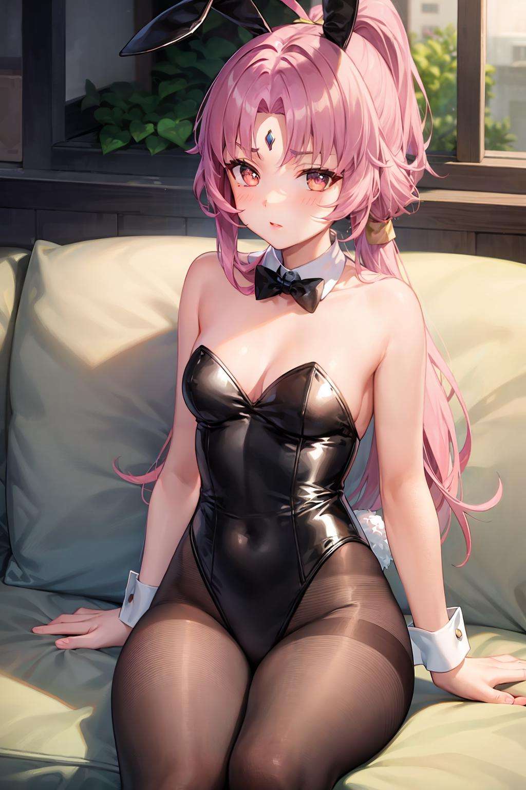 masterpiece, best quality, <lora:fuxuan-mver:1>, 1girl, pantyhose, animal ears, solo, playboy bunny, rabbit ears, long hair, high heels, fake animal ears, pink hair, bow, fishnets, bowtie, wrist cuffs, virtual youtuber, leotard, blush, black pantyhose, fishnet pantyhose, detached collar, looking at viewer, breasts, small breasts, thick eyebrows, bare shoulders, very long hair, pink eyes, ponytail, strapless leotard, facial mark, strapless, forehead mark, red bow, sitting